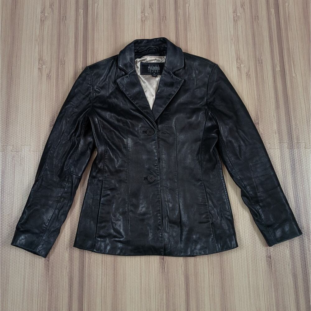 Vintage 1980s Wilsons Leather Pelle Studio Black Zip Jacket Size S Coat Style